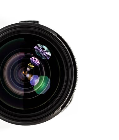 Moscow, Russia - April 11, 2019: Objective lens of photo camera Canon for photo or video  closeup on white backgroundのeditorial素材