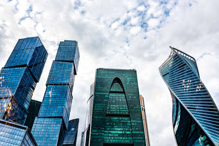 Moscow. Russia - june 5, 2015: Skyscrapers of Moscow city business center closeup. Moscow International Business Center also referred to as Moscow-City is commercial district in central Moscow, Russiaのeditorial素材