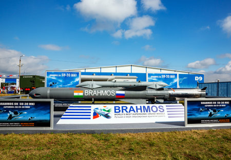 Zhukovsky, Russia - Aug 16, 2014: BrahMos 1600-CK310A supersonic cruise missile is produced by...