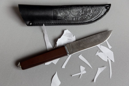 Handmade hunting knife made of Damascus steel. Leather case with embossed hunting theme
