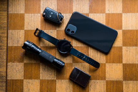EDC setup. Concept on the wooden chess board. Everyday carry for a man. Knife, Multitool,...