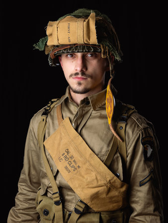 World War II, American 101 Airborne soldier wearing m42 uniform. (506pri). E company, D-day invasion 44.の写真素材