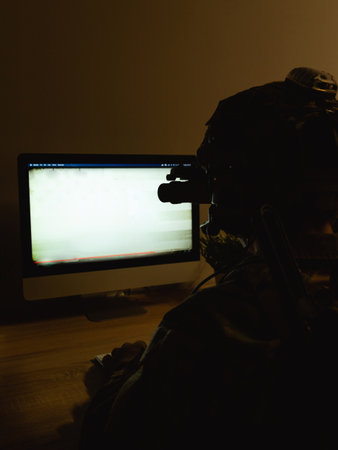 US Army special forces operator looking at the computer screen. Seal team operator in full gear.の写真素材