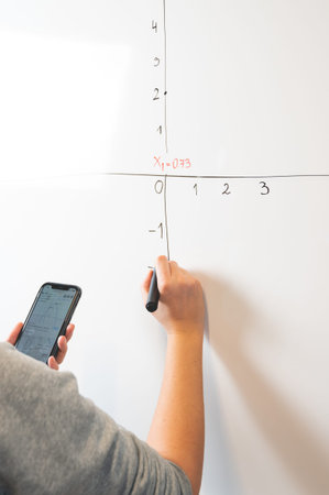 Young business woman write graphs and equations on the whiteboard with marker.