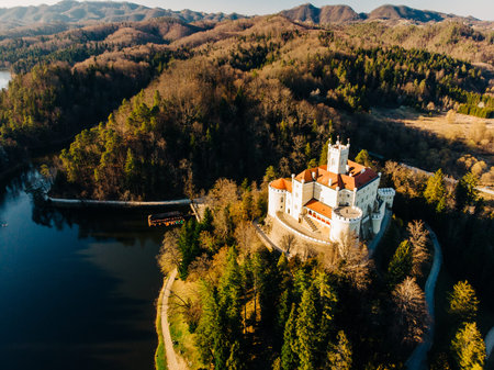 Arieal view on the Trakoscan castle in Croatia, Zagorje region. Castle is surrounded by a beautiful...