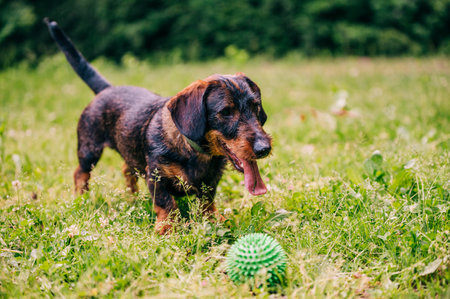 The wire-haired dachshund hunting dog is known as the wiener dog or sausage dog. Portrait while playing and posing in the green park.の写真素材