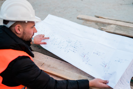 Engineering Consulting on construction site holding blueprint in his hand. Building inspector. Construction site check drawing and business workflow of the project.の写真素材