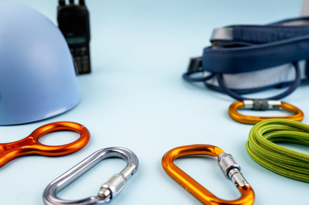 Climbing adventure equipment flat lay view. Top view of extreme mounteneering tools like helmet,...