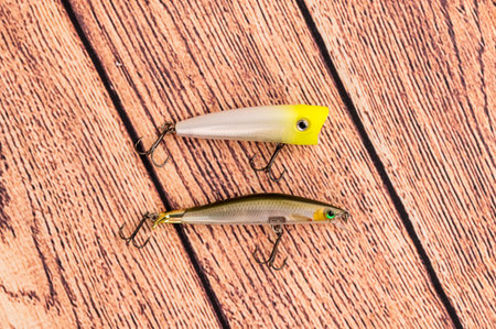 Bass fishing concept with lure baits. Flat lay style. Fishing tackle lures, copy space.