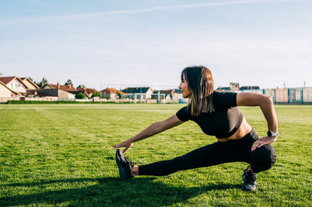 Young fitness girl doing stretching exercise outdoors on a sunny day. Fitness healthy lifestyle...