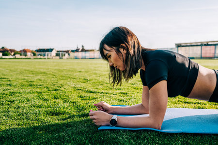Abs working out outdoors on a sunny day. Fitness lifestyle concept. Girl doing exercises.の写真素材