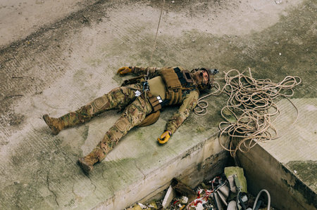 Special forces soldier pretending dead, showcasing fall from the rope while rappeling. Dangerous...
