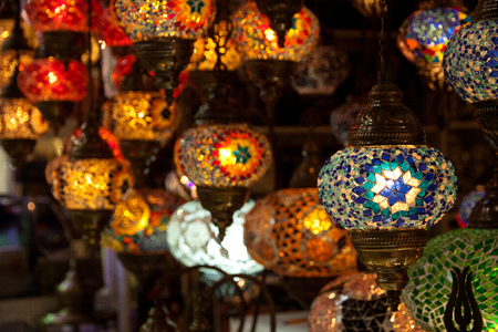 Multi-colored lamps hanging at the Grand Bazaar in Istanbul.の写真素材