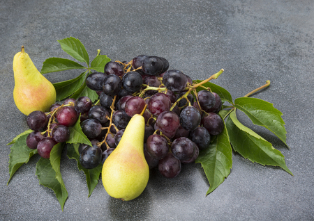 Black grapes with leaves and pears on the kitchen topの写真素材