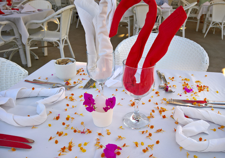 Outdoor wedding festive table with white table clothe.の写真素材