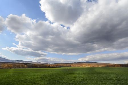 Dark clouds over the field and trees. Sky and field in the spring.の写真素材