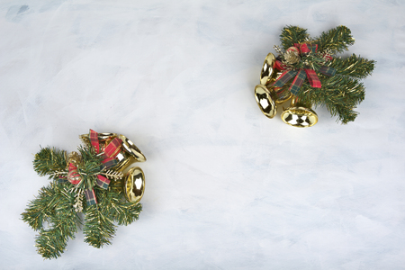 Christmas background with decorations  holly and present boxes, ribbon on whiteの写真素材