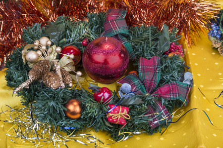 Christmas background with decorations  bells, ribbon and ballsの写真素材