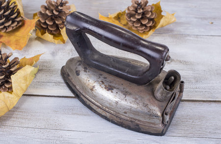 Old vintage electric iron on white background with leaves and pine coneの写真素材