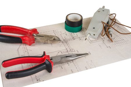 Electrician tools pliers and nippers and voltage meter