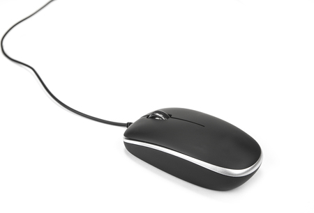 Computer mouse with black cable on the whiteの写真素材