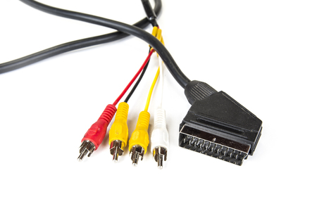 Black scart cable and cinch connectors on the whiteの写真素材