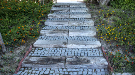 Stone and wooden outdoor stairs in the park