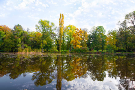 Park in the early fall with the lake