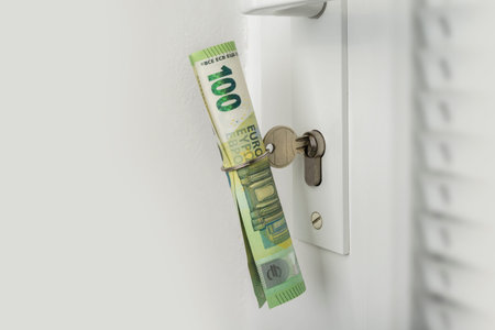 Money in a door key ring. Save money on your own house or apartment conceptの写真素材