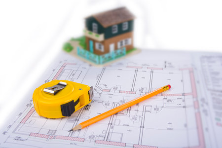 House project with tape meter and pencilの写真素材
