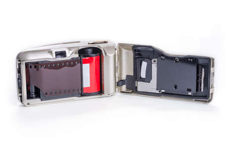 Analog compact camera on a white backgroundの写真素材