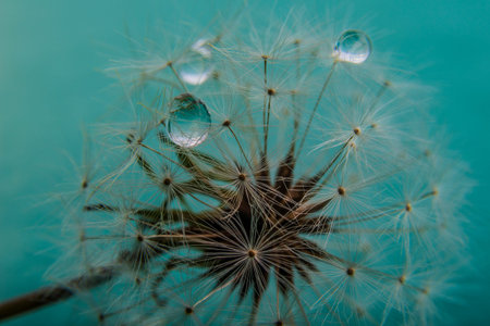 Dandelion seeds with water drops. Abstract nature background