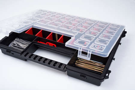 Screw organizer box on a white backgroundの写真素材