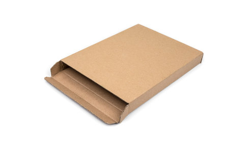 Very narrow cardboard box on a white