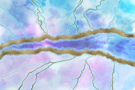 Astract alcohol ink background with golden linesの写真素材
