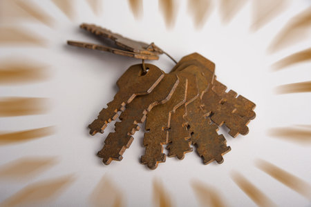 Bunch of rusty padlock keys on a white