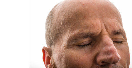 Face of old bold male with wrinklesの写真素材