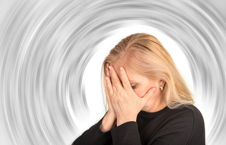 Upset stressed old woman with mental disorders.