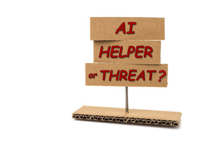 Is artificial intelligence really help us? AI cardboard sign. Fight against AIの写真素材