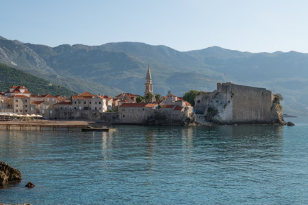 Budva Fortress walls of old town. Bell tower of  St. John the Baptistâs Churchの写真素材