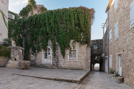 Budva Stone street in the old medieval town of mediterranean countryの写真素材