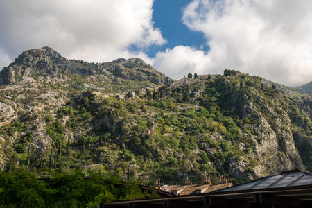 Walls of the Kotor Fortress with mountainsの写真素材
