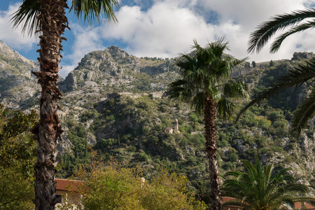 Walls of the Kotor Fortress with mountains and blue sky, Montenegro