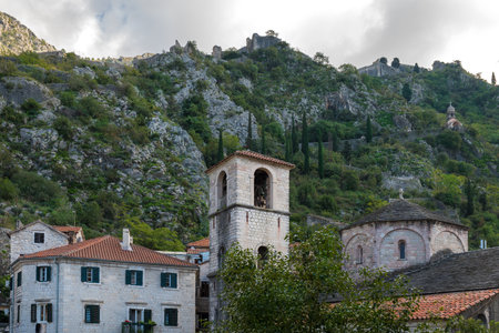 Walls of the Kotor Fortress with mountains and blue sky, Montenegroの写真素材