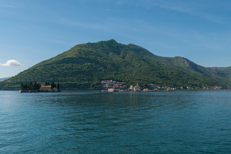 Turquoise water at Perast bay. Our Lady Of The Rocks And The Island Of Saint Georgeの写真素材