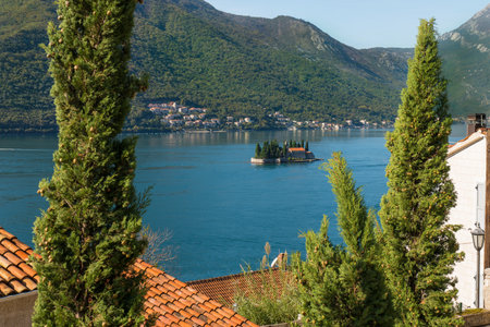 Turquoise water at Perast bay and The Island Of Saint George.の写真素材