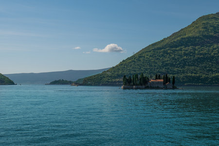 Turquoise water at Perast bay and The Island Of Saint George.の写真素材