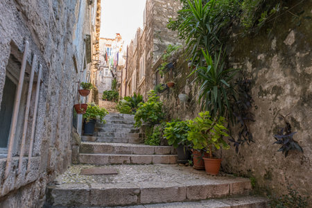 Narrow street in the old medieval town of mediterranean country with lot of flowersの写真素材