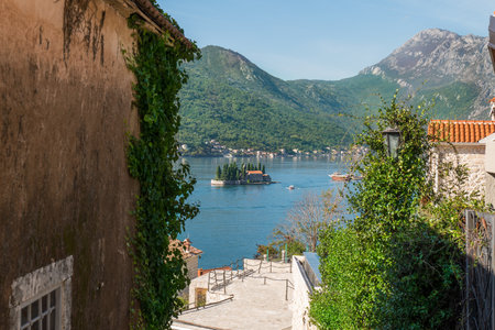 Turquoise water at Perast bay and The Island Of Saint George.の写真素材