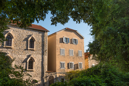 Budva Stone street in the old medieval town of mediterranean countryの写真素材